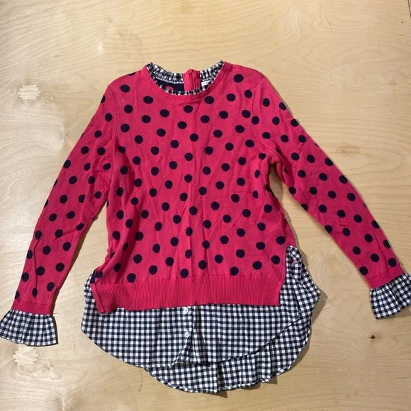 crown & ivy Pink Polka Dot Layered Sweater with Navy Gingham Medium (QW) - Picture 2 of 7